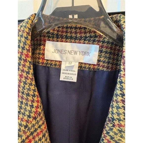 Vintage Jones New York Women's Houndstooth Wool Blazer Skirt Academia Sz12 USA
